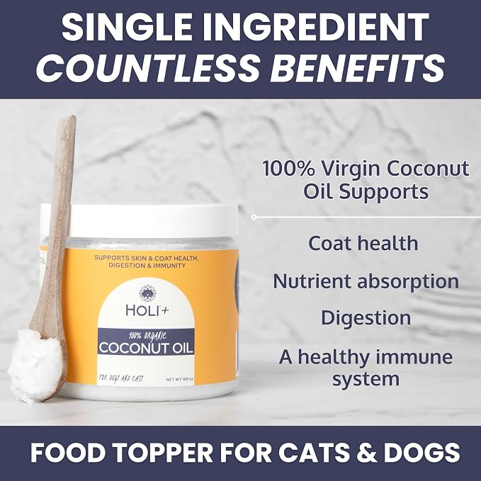 HOLI 100% Organic Coconut Oil for Dogs & Cats – Cold-Pressed Coconut Oil for Dogs Skin & Coat, Itchy Skin, Hot Spot Relief & Paw Balm – MCT Lauric Supplement, Non-GMO, Pet Safe - 16oz