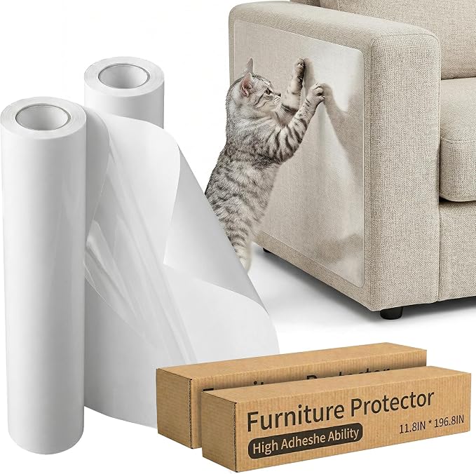 Furniture Protectors from Cats Scratching 197"x12" Clear Cat Couch Protector from Cat Claws Thick Vinyl Sofa Guard Anti Scratch Tape Pet Scratch Deterrent Protection (2 Rolls 197"x11.8")
