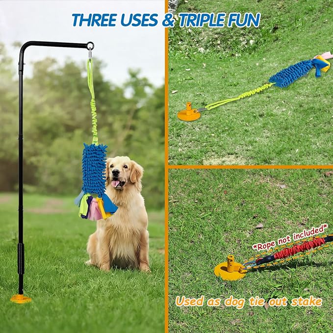 Heavy Duty Dog Spring Pole with Screw-In Ground Anchor & 360° Swivel, Adjustable Height 30-49", Durable Outdoor Tug Toy System with Bungee Squeak Rope for Large & High Energy Dogs Training