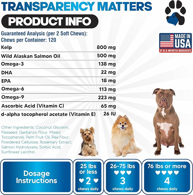 Plano Paws Wild Alaskan Salmon Oil for Dogs - Omega 3 Chews for Skin Coat Shedding Itch Relief - Supports Heart Mobility Cognition - 120 Soft Chews
