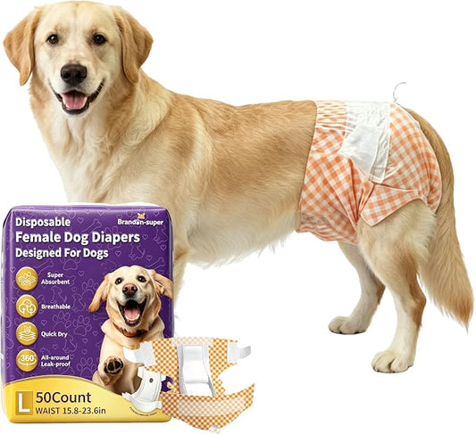 BrandonSuper Dog Diapers Female 50CT,L,Ultra Absorbent Disposable Girl Doggy Diapers,Leak-Proof 360°Waist Dog Diapers
