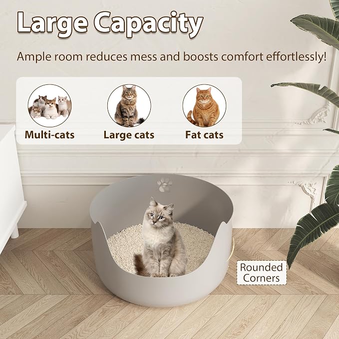 High Sides Low Entry Large Litter Pan (21.6x21.6x13.1 Inches), All-in-One Easy to Clean Plastic Litter Box for Kittens, Elderly & Large Cats, Doubles as Stylish Cat Bed, Grey