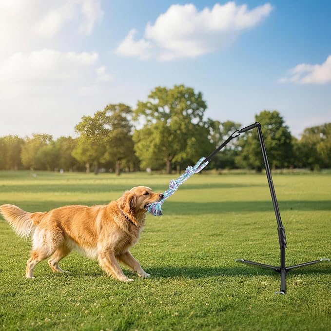 Outdoor Tug of War Dog Toy with Reinforced Tripod Base - Heavy Duty Iron 360° Interactive Tether Tug Toy for Backyard Solo Play - Adjustable Spring Pole Rope System for All Breeds