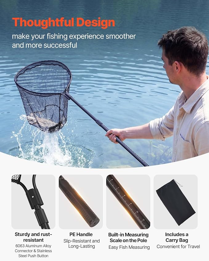 VEVOR Fishing Net, Landing Nets with Telescopic Handle Lightweight and Stronger Fish Gear, Durable and Fish-Friendly, for Kayak, Boat, Bank, Pond