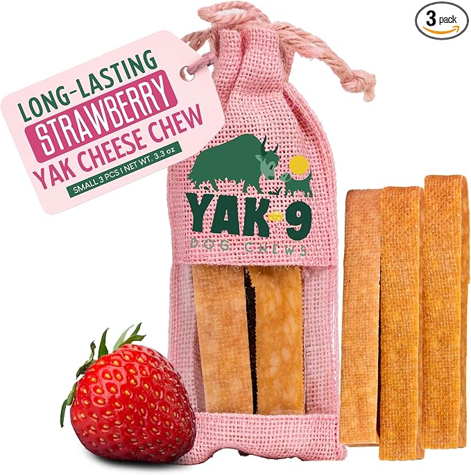 Yak9 Strawberry Yak Chews for Dogs | High Protein, Non Rawhide Dog Chews Long Lasting | Non GMO, Gluten Free, Grain Free Yak Milk Dog Chew | Small Size 1.1 Oz, 3 PC