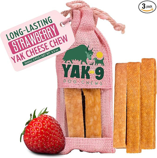Yak9 Strawberry Yak Chews for Dogs | High Protein, Non Rawhide Dog Chews Long Lasting | Non GMO, Gluten Free, Grain Free Yak Milk Dog Chew | Small Size 1.1 Oz, 3 PC