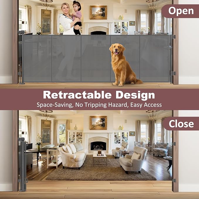 Reinforced 41" Extra Tall Pet Gate 100" Extra Wide Retractable Baby Gate with Support Rods, Indoor Retractable Gate Mesh Dog Gates for The House Outdoor Wide Baby Gates for Large Openings, Gray