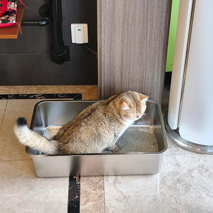 Stainless Steel Litter Box, Metal Litter Box, Cat Litterbox for Kitten, Kitty, Rabbit, 6" High Side Cats Litter Boxes, Cat LitterBox, No Smell, Non Stick, Easy to Clean