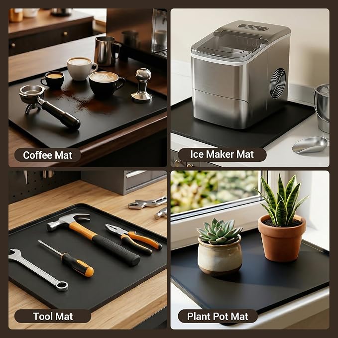 Silicone Coffee Mat for Countertop, 16x16 inch - Heat Resistant Espresso Machine Mat with Raised Edge, Non-Slip Waterproof Station Pad, Compact Coffee Bar & Kitchen Accessories - Black
