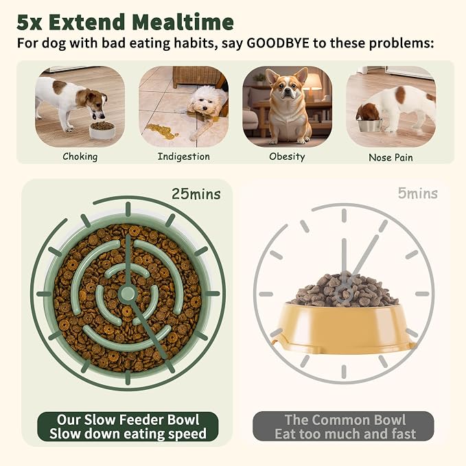 Elevated Slow Feeder Dog Bowl - Ceramic Maze Food Dish with Bamboo Stand - Raised Feeding Bowl for Fast Eaters Small and Medium Dogs - Green