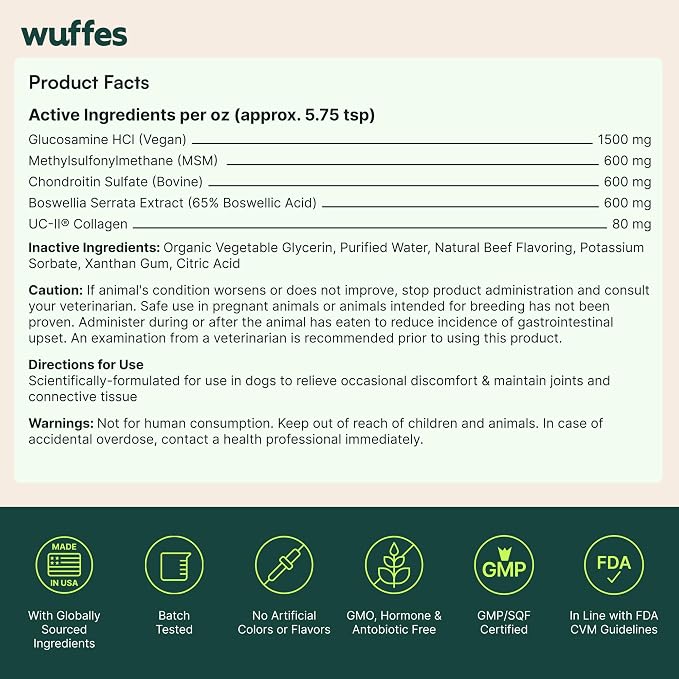 Wuffes Advanced Joint Liquid for Dogs, Hip & Joint Support Supplement with UC-II® Collagen, Glucosamine, Chondroitin and MSM, for Small & Large Breeds, 16 Oz