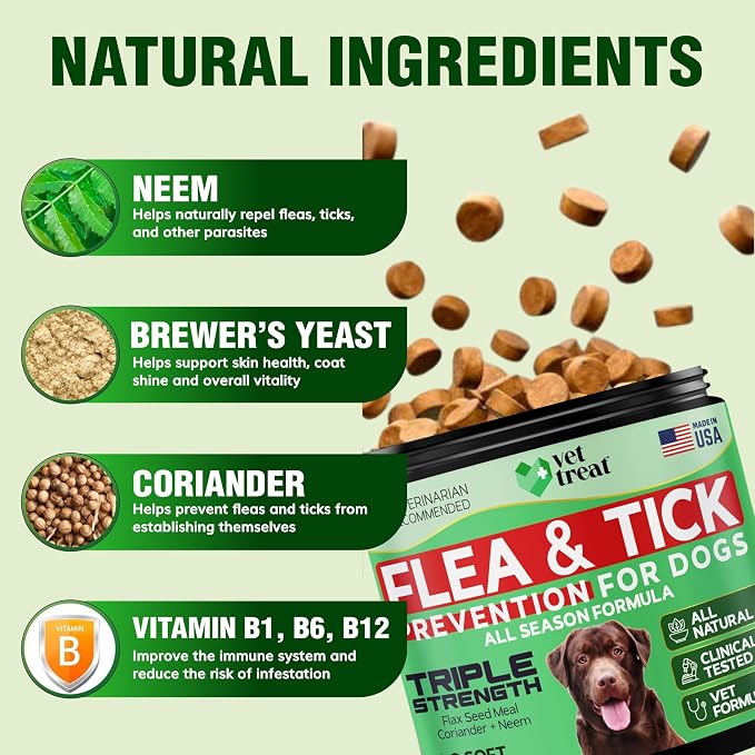 Flea and Tick Prevention for Dogs Chewables -Made in USA- Natural Dog Flea and Tick Treatment - Oral Flea Pills - Vet Recommended Flea and Tick Chews - All Breeds & Sizes - 120 Soft Treats (Chicken)