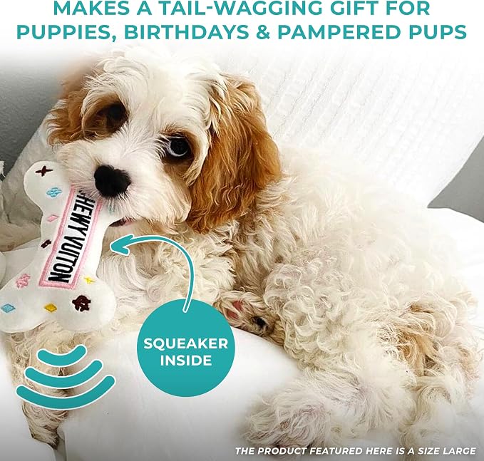 Haute Diggity Dog Chewy Vuiton Bone Plush Squeaky Dog Toy, Soft Durable Designer-Inspired Stuffed Puppy Chew Toys for Small, Medium & Large Dogs, Machine-Washable (White) XL