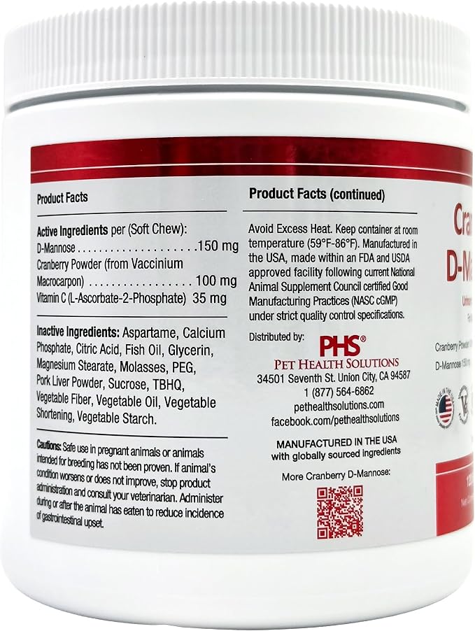 Cranberry D-Mannose Urinary Tract Support Supplement for Cats and Dogs - Cranberry Extract, D-Mannose, Vitamin C - Bladder and UTI Treatment - Made in USA - 120 Soft Chews