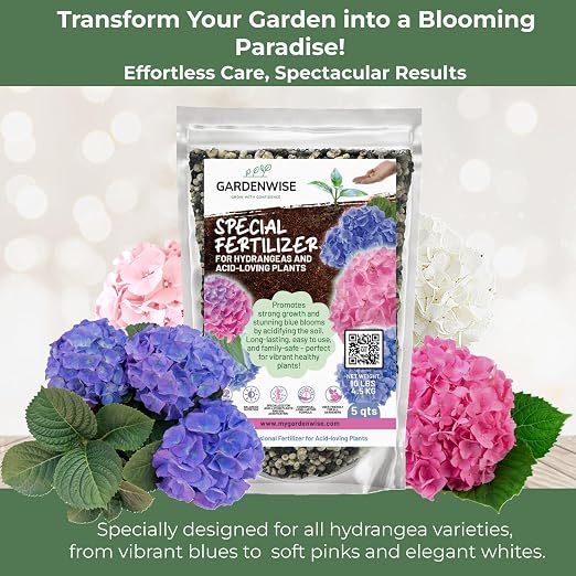 GARDENWISE Slow Release Hydrangea Fertilizer with Iron & Sulfur – Indoor & Outdoor Soil Acidifier for Miracle Growth (5 qt)