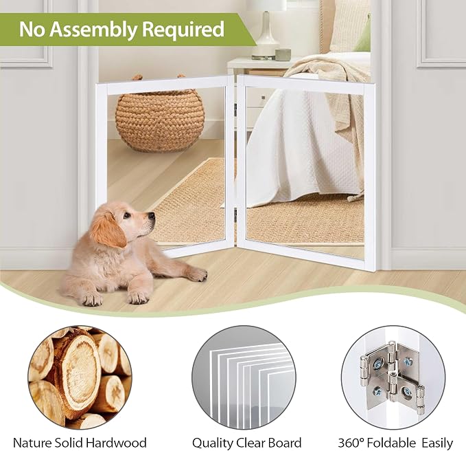 LZRS Clear Dog Gate for Indoor Use - Transparent Pet Fence with Solid Hardwood and Plastic Board, Stylish & Durable freestanding Pet Gate for Doorways, Stairs and Hallways-2 Panel White