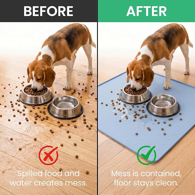Silicone Pet Feeding Mat, 26x26 Inch Waterproof Dog Bowl Mat – Non-Slip, Machine Washable, Thin 0.28 Inch Edge for Messy Eaters, Protects Hardwood & Tile Floors, Blue