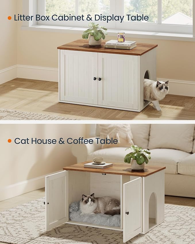 SONGMICS HOME Litter Box Enclosure, Snapsemble Superfast Assembly, Cat Litter Box Furniture, Push-to-Open Doors, Indoor Cat House, Rustic White and Honey Brown UPCL233WJ04S