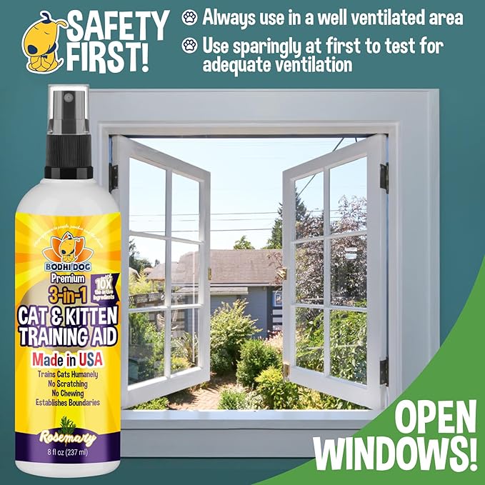 Bodhi 3-in-1 Cat & Kitten Training Aid - Cat Deterrent Spray for Indoor and Outdoor Use - Repellent to Establish Boundaries, Keep Cats Off Furniture, Protect Rugs & Plants - Made in USA (8 Fl Oz)