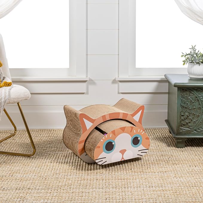 CSR1000C Opal 19" Modern Cardboard Happy Cat Head 2-in-1 Cat Cave Scratcher with Built-in Bell Toys and Catnip, Orange/Blue