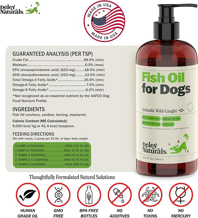 Deley Naturals Fish Oil for Dogs - Itch Relief for Dogs with Omega 3 6 9 for Skin, Joints, Heart and Brain Health - Icelandic Omega 3 Fish Oil for Dogs Skin Irritation - 32oz Omega Oil Made in USA