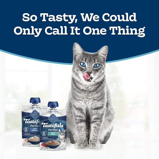 Blue Buffalo Tastefuls Purées Variety Pack Wet Cat Food Complement (Chicken & Tuna) Made with Natural Ingredients, for All Life Stages, 3-oz. Resealable Pouches (12 Count)
