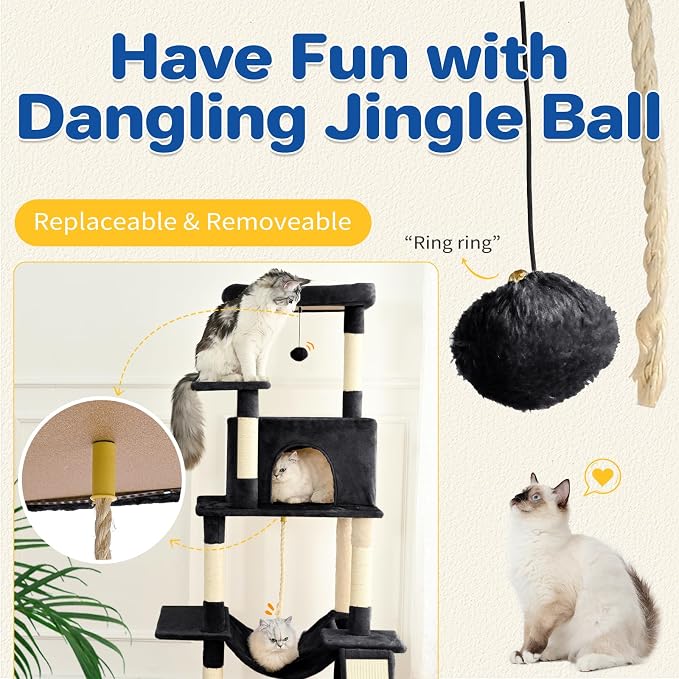 ABCPET Cat Tree Tower 63in Multi-Level Cat Tower for Indoor Cats with Sisal Scratching Posts, Condo, Hammock, Dangling Ball and Extended Platform for Cats to Play, Black