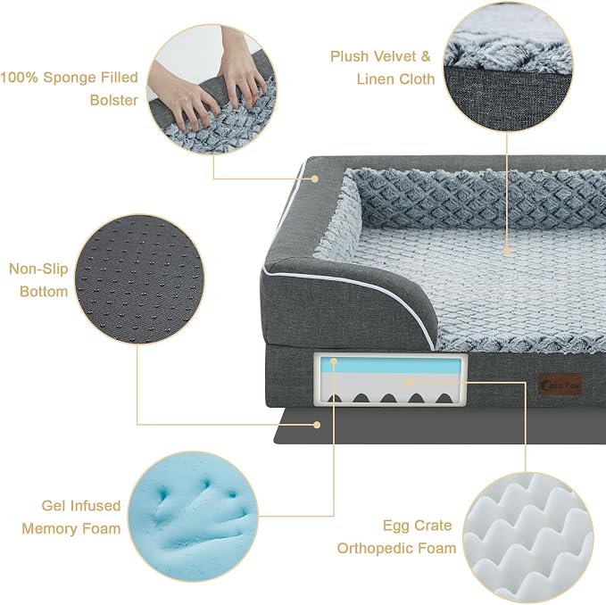 Orthopedic Dog Beds for Extra Large Sized Dogs 53x42 Inch, XXL Waterproof Egg Crate Foam Dog Sofa Bed with Removable Washable Cover Big Pet Couch with Bolster & Non-Slip Bottom, Dark Grey