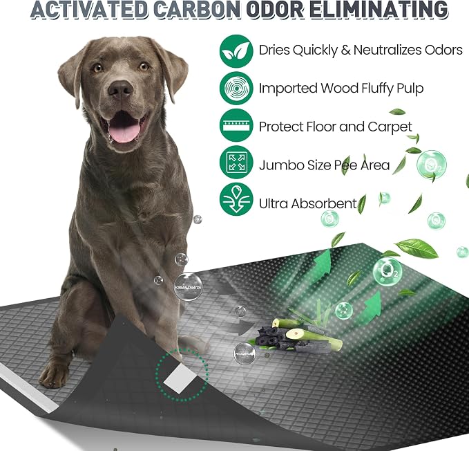Boscute Odor-Control Super Absorbency Charcoal Puppy Pads, XXL 30"x36" Leak-Proof Pet Training Pee Pads with Adhesive Sticky Tape, Disposable Potty Pads for Dogs Cats Macaw, Black