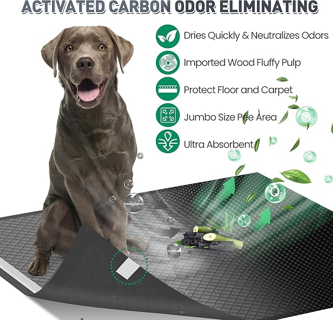 Boscute Charcoal Super Absorbency Puppy Pads, Activated Carbon Odor-Control XL 28"x34" Leak-Proof Pet Training Pee Pads, Disposable Potty Pads for Dogs Cats, Rabbits 150Counts
