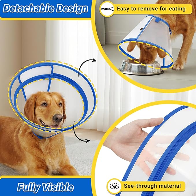 Dog Cone to Stop Licking, Clear Recovery Collar with Detachable Zipper, Sturdy Elizabethan Collar for Large Medium Small Dogs, Soft Adjustable Cone After Surgery Patented, Blue S