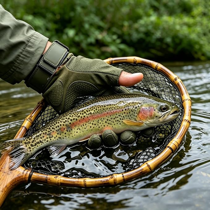 Floating Handcrafted Bamboo Fly Fishing Landing Net, Solid Wood Handle, Soft Rubber Coated Mesh for Trout, Kayak & Stream Fishing, Includes Magnetic Release & Safety Lanyard