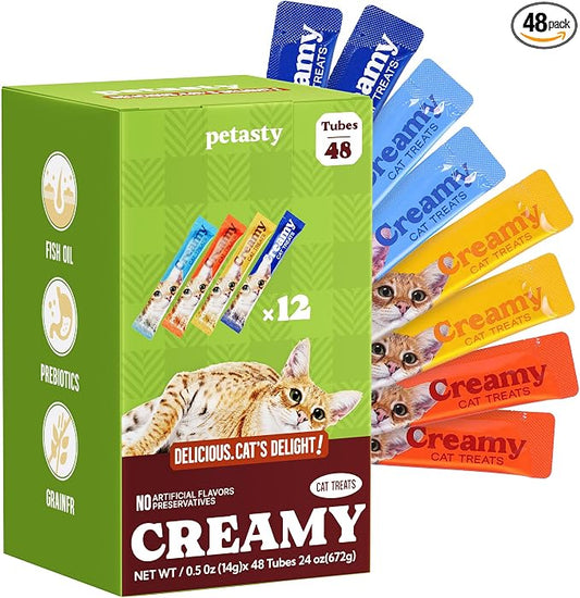 Lickable Cat Treats, High Moisture Hydrating Creamy Puree Squeeze Tubes, Variety Pack, 48 Tubes 0.5oz, Grain-Free, Omega Oils & Vitamin E, Skin & Coat Health, Digestive and Immune Support