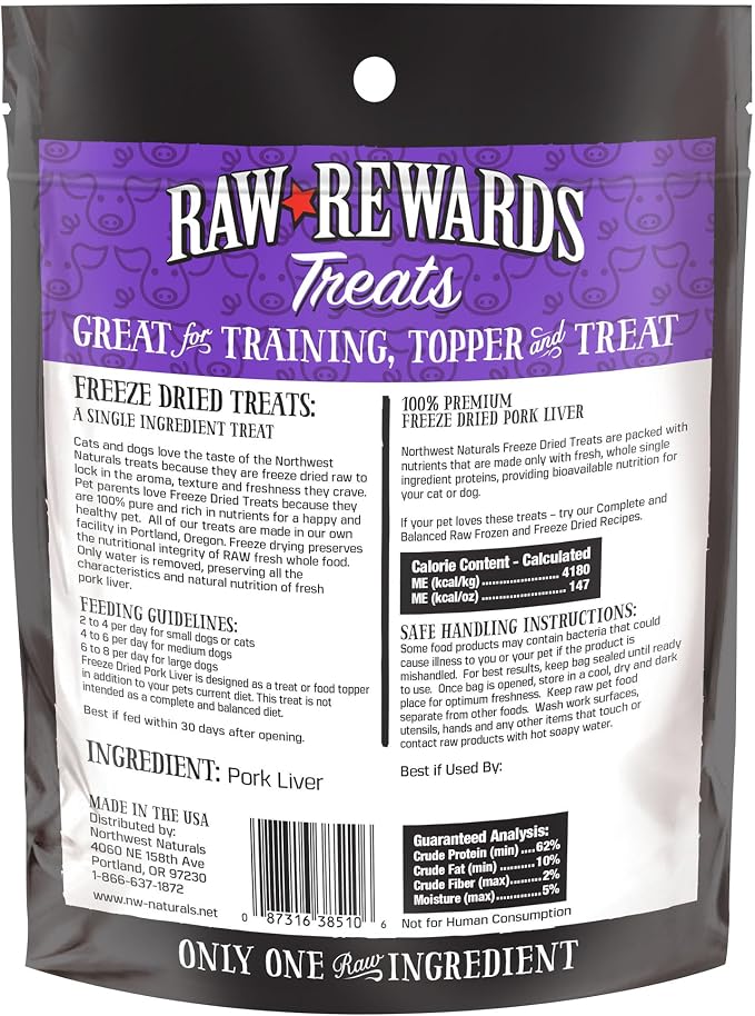 Northwest Naturals Raw Rewards Freeze-Dried Pork Liver Treats for Dogs and Cats - Bite-Sized Pieces - Healthy, 1 Ingredient, Human Grade Pet Food, All Natural - 3 Oz (Pack of 3)