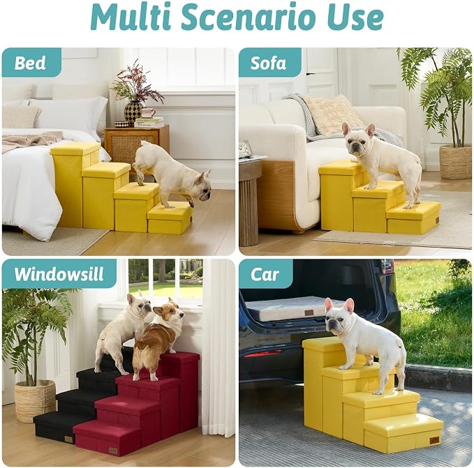 Dog Stairs with Storage, 4-Step Wider Sturdy Dog Steps for Small/Medium/Large Dogs and Older Cats, Folding Doggie Ramp for Bed/Couch/Car Hold Up to 180 lbs (22" H, Yellow)