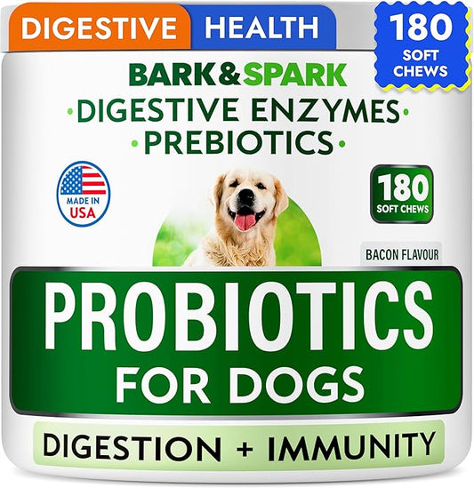 Bark&Spark Probiotics for Dogs & Horses - Digestive Enzymes (Gut Health) Allergy & Itchy Skin - Pet Diarrhea Gas Treatment Upset Stomach Relief Pill, Digestion Health Tummy Treat (180Ct Bacon)