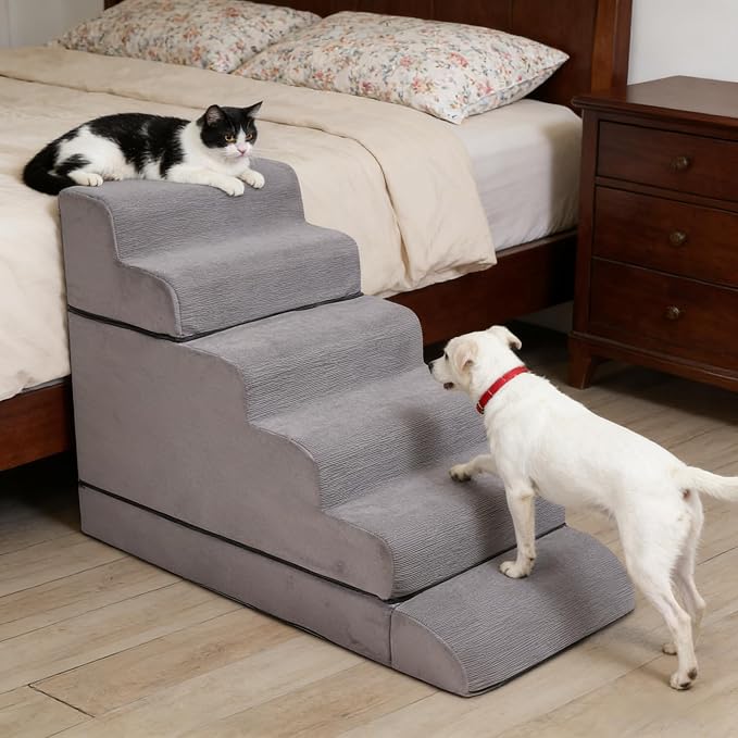 Dog Stairs for High Beds Up to 24-30"，Non-Slip 6 Steps Pet Stairs for Small Medium Dogs & Senior Cat，Washable Cover