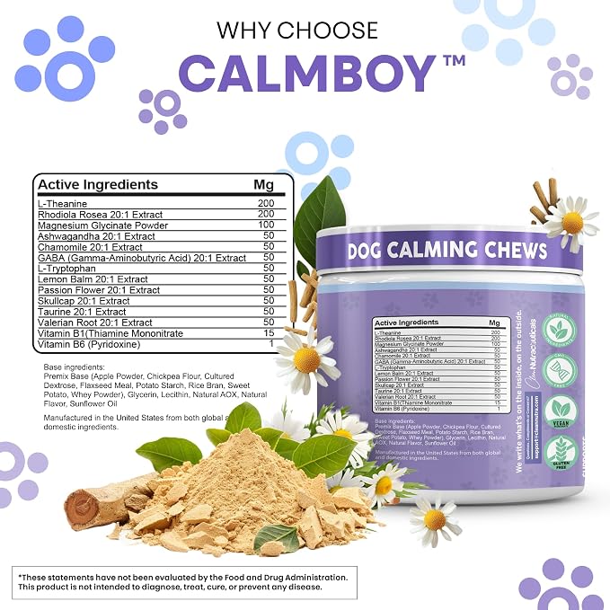 Clean Nutra Calming Chews for Dogs, Dog Anxiety Relief Supplement, L Theanine Ashwagandha Rhodiola GABA Magnesium Valerian Natural Ingredients, 90 Chews, Beef Flavor
