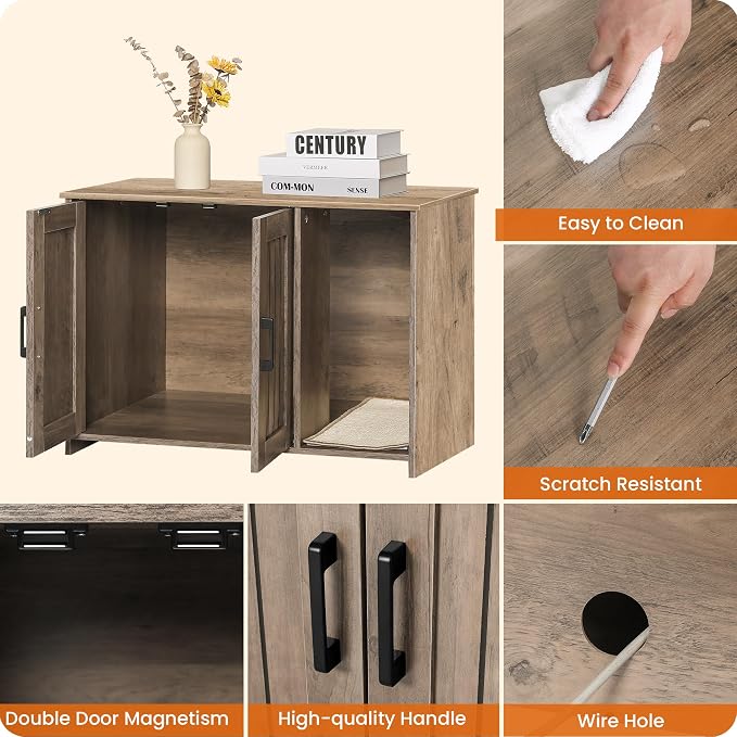 DWANTON Litter Box Enclosure, Cat Litter Box Furniture Hidden, with Scratching Mat, Wooden Cat Washroom Indoor, 31.5" L x 19.7" W x 21.7" H, Greige