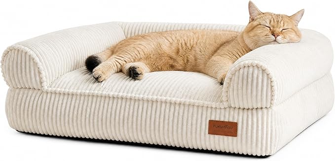 FUKUMARU Dog Couch Bed, Corduroy Cozy Cat Bed for Indoor Cats with Washable Cover, 28in Waterproof Orthopedic Dog Beds Sofa for Small Dogs and Large Cats, Cute Warm Cotton Pet Sofa, Cream