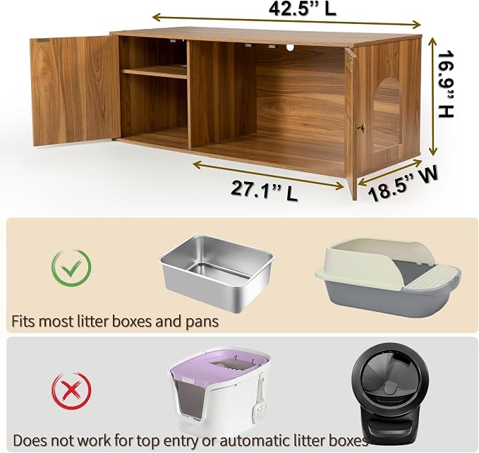 Cat Litter Box Enclosure Furniture with Storage, Hidden Litter Box Cabinet 42.5"L x 18.5"W x 16.9"H Double as Cat House TV Stand End Table for Living Room, Midcentury Modern Style (Oak, Plain Doors)