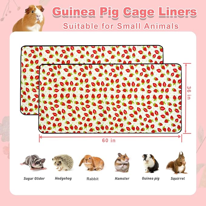 2 Pack Guinea Pig Cage Liners, 36"x 60" Washable Waterproof Bedding for Rabbit, Bunny, Hamster & Small Animals, Reusable Super Absorbent Pee Pads for C&C Cage, Strawberry Print