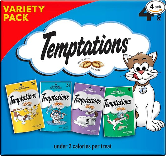 Temptations Classic Crunchy and Soft Cat Treats Feline Favorites Variety Pack, 3 oz. Pouches (Pack of 4)