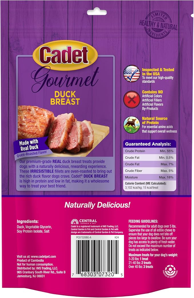 Cadet Gourmet Duck Jerky Dog Treats For Training - Healthy & Natural Dog Training Treats for Small & Large Breeds - Inspected & Tested in USA (3 oz.)