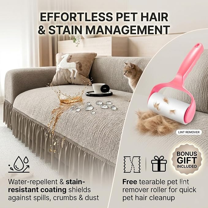 Velvet Sofa Cover with Skirt,Full Coverage Non-Slip Couch Slipcover, Soft Textured Furniture Protector for Living Room with Free Pet Lint Remover Roller(Gray,Loveseat)