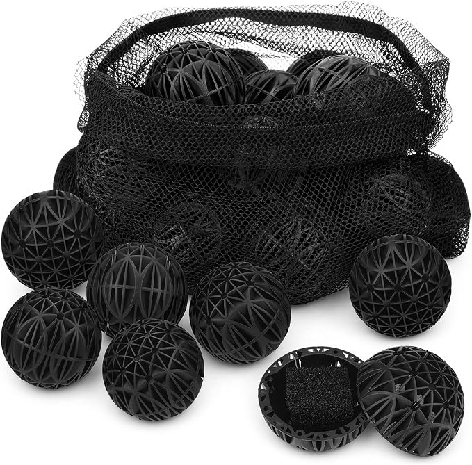 VIHOSE 20 Count 3 Inch Black Large Bio Balls Media Filter Durable Fish Pond Filter Media with Sponge Biological Filtration Mediums for Pond Aquarium Fish Tanks Filters with 12" x 16" Mesh Bag