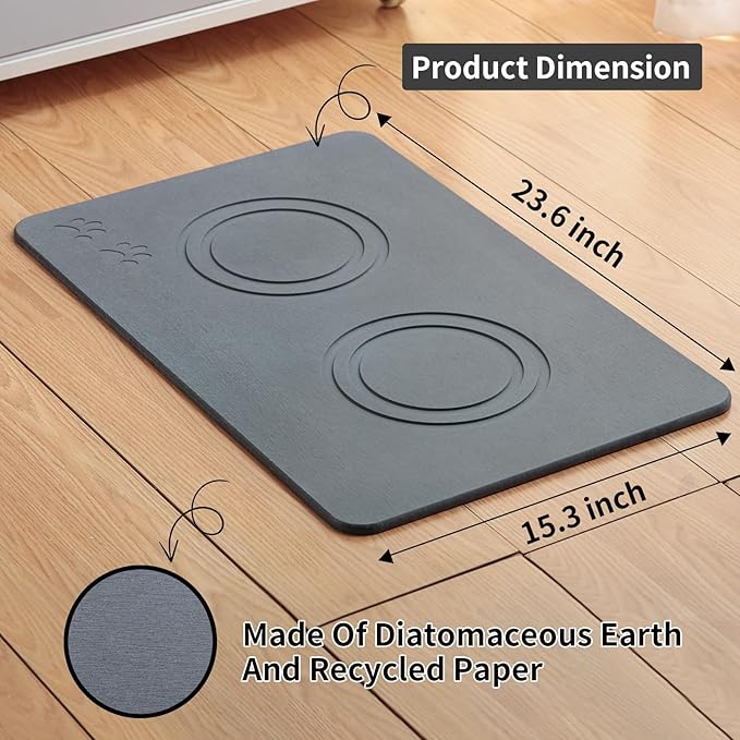 Diatomite Stone Pet Feeding Mat for Dog Cat Super Absorbent Diatomite Quick Drying Stone Dog Food Mat, Dog Mats for Food and Water with Non-Slip Station, Fast Dry Pet Mats, Deep Grey