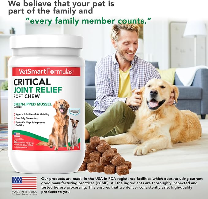 VetSmart Formulas Critical Joint Relief Soft Chew for Dogs – Hip & Joint Supplement with Glucosamine, MSM, Green-Lipped Mussel – Joint Discomfort, Hip Dysplasia & Mobility Support, Made in USA