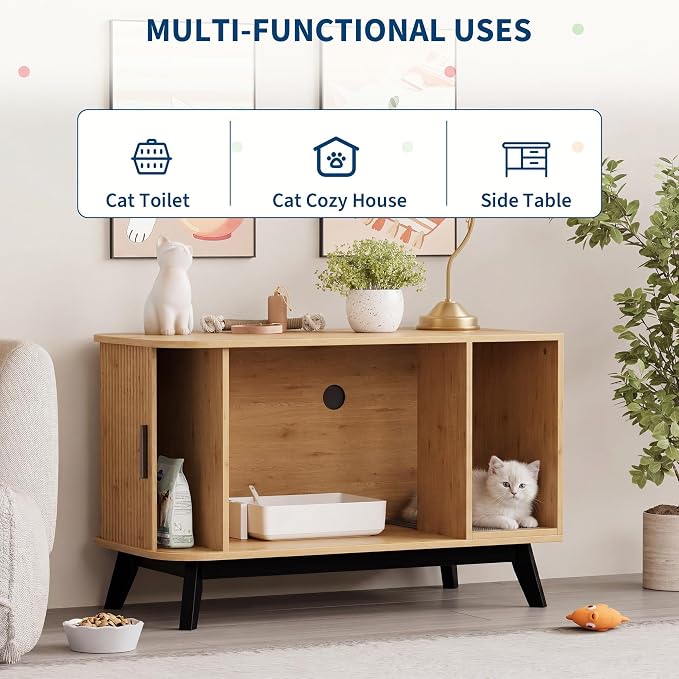 Garvee Cat Litter Box Enclosure, 39" Litter Box Enclosure Furniture Hidden Litter Box with Cat Litter Mat and Sliding Door, Modern Indoor Cat House, Side End Table for Living Room, Natural Wood Color