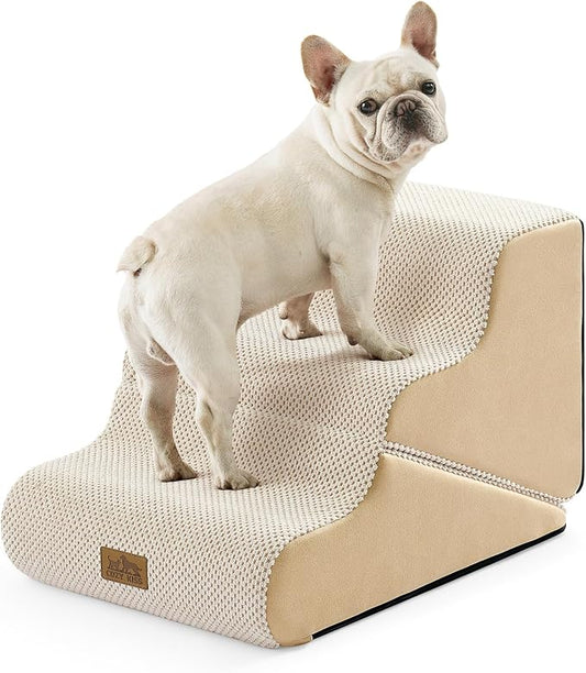 COZY KISS Dog Stairs for Small Dogs, 3-Step 2 in 1 Transformable Pet Stairs for Couch and Bed, 15.7" H Dog Steps for Old Cats, Puppy, Small Dogs (Beige, 15.7x22.4x15.7 in, 3.0)